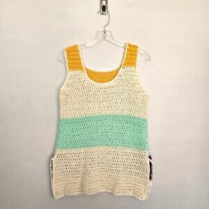 Boho 70s Hippie Handknit Crochet Colorblock Tank Festival Summer Beach Layering